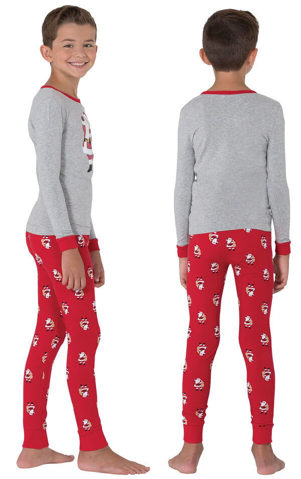 Model wearing Red and Gray Santa Print PJ for Kids, facing away from the camera and then facing to the side image number 1