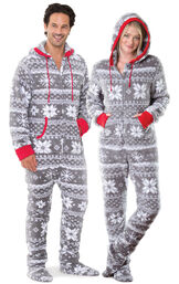 Models wearing Hoodie-Footie - Gray Fair Isle Fleece - Matching for Him and Her image number 1
