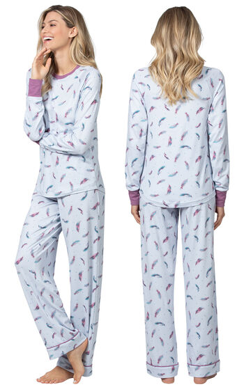 Model wearing Blue and Pink Feather PJ for Women, facing away from the camera and then to the side