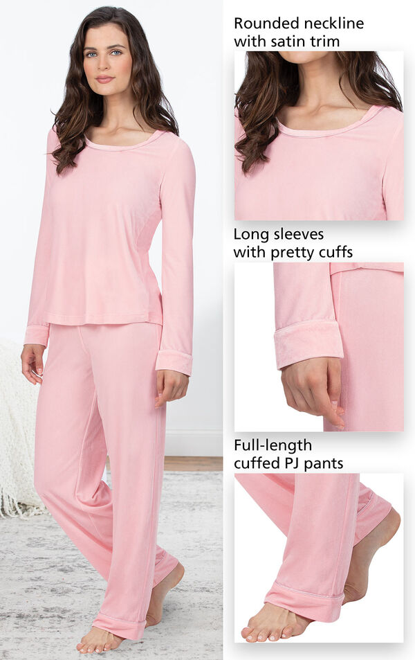 Close-ups of Velour Long-Sleeve Pajama features which include a rounded neckline with satin trim, long sleeves with pretty cuffs and full-length cuffed PJ pants image number 3