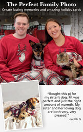 Photos of customers and their pets wearing matching red and white plaid fireside fleece pajamas with the following copy: The Perfect Family Photo - Create lasting memories and amazing holiday cards. image number 1