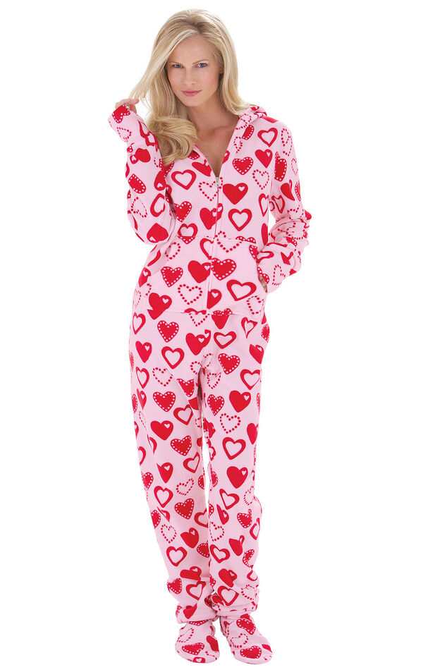 Model wearing Hoodie-Footie - Pink and Red Heart Fleece for Women image number 0
