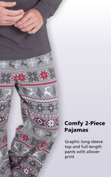 Close-up of Nordic Men's Pajamas Gray and Red pants with the following copy: Comfy 2-Piece Pajamas - Graphic long-sleeve top and full-length pants with allover print image number 2