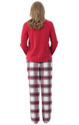 Model wearing Red and White Plaid Fleece PJ for Women, facing away from the camera image number 1
