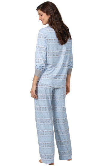 Model wearing Whisper Knit Henley Pajamas - Blue Fair Isle, facing away from the camera