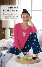 Model sitting on bed with the following copy: WHY WE LOVE THIS PJ Present print so fun every night can feel like a celebration image number 2