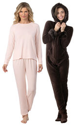 Models wearing Naturally Nude Knit Pajamas - Light Pink and Hoodie-Footie - Mink Chocolate. image number 0