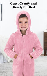 Girl wearing Pink Hoodie-Footie with the following copy: Cute, Comfy and Ready for Bed. image number 2
