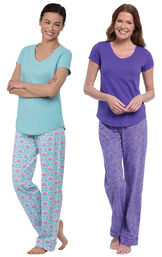 Models wearing Short-Sleeve V-Neck Pajamas - Aqua Floral and Short-Sleeve V-Neck Pajamas- Purple Floral image number 0
