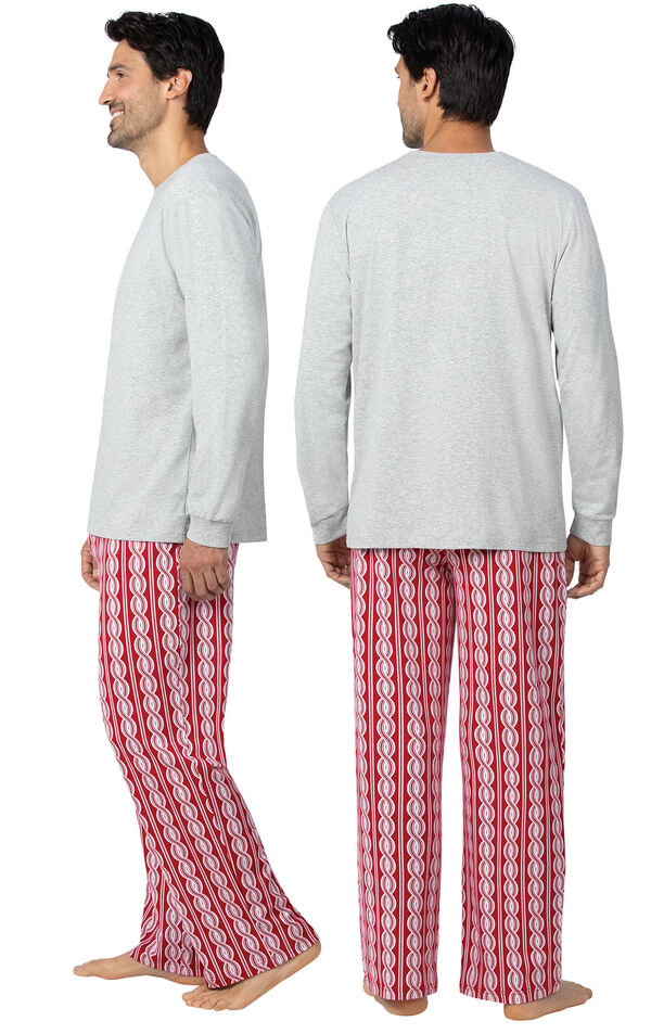 Model wearing Red and White Peppermint Twist PJ for Men, facing away from the camera and then to the side image number 1