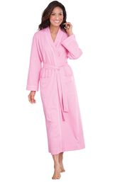 Model wearing Pink Pin Dot Wrap Robe for Women image number 2