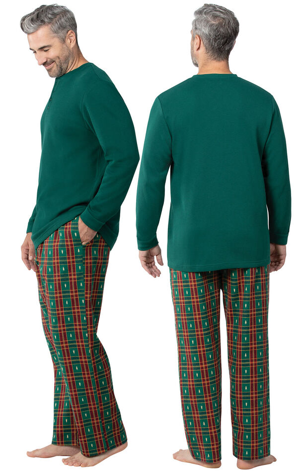 Model wearing Red and Green Christmas Tree Plaid Thermal Top PJ for Men, facing away from the camera and then to the side image number 1