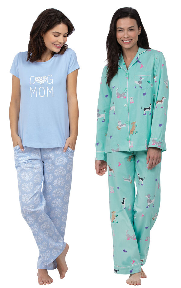 Models wearing Dog Mom Pajamas and Doggy Dreams Boyfriend Pajamas. image number 0