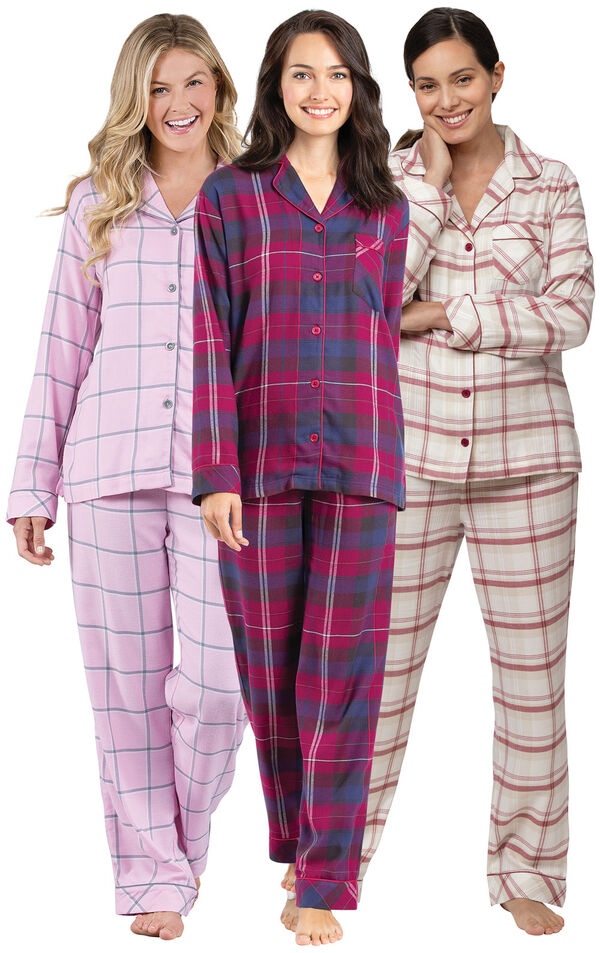 World's Softest Flannel Button-Front PJ Bundle - Oatmeal & Black Cherry & Pink image number 0