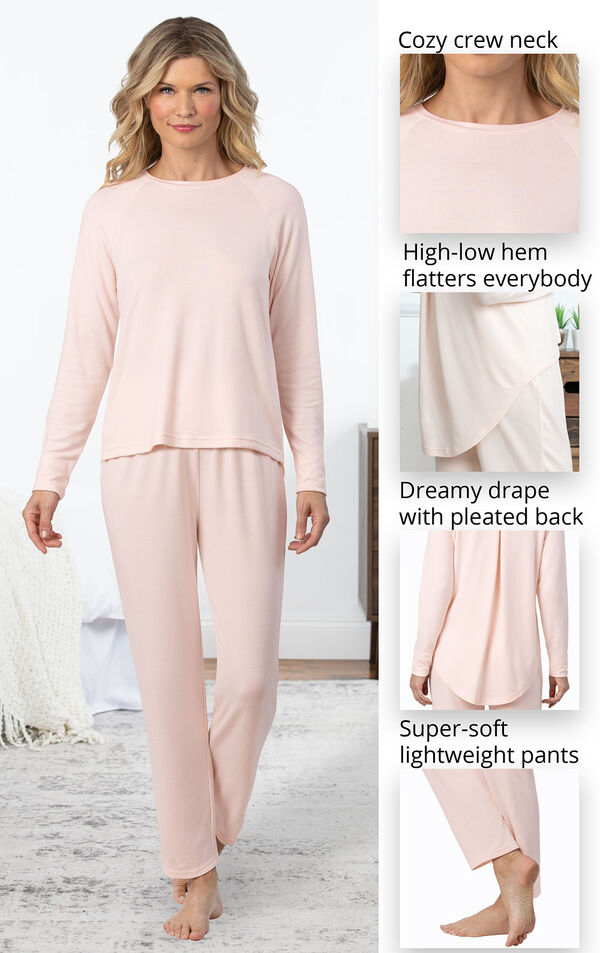 Cloud Fine PJs feature a cozy crew neck, high-low hem that flatters everybody, dreamy drape with pleated back and super-soft lightweight pants - as shown in images image number 3