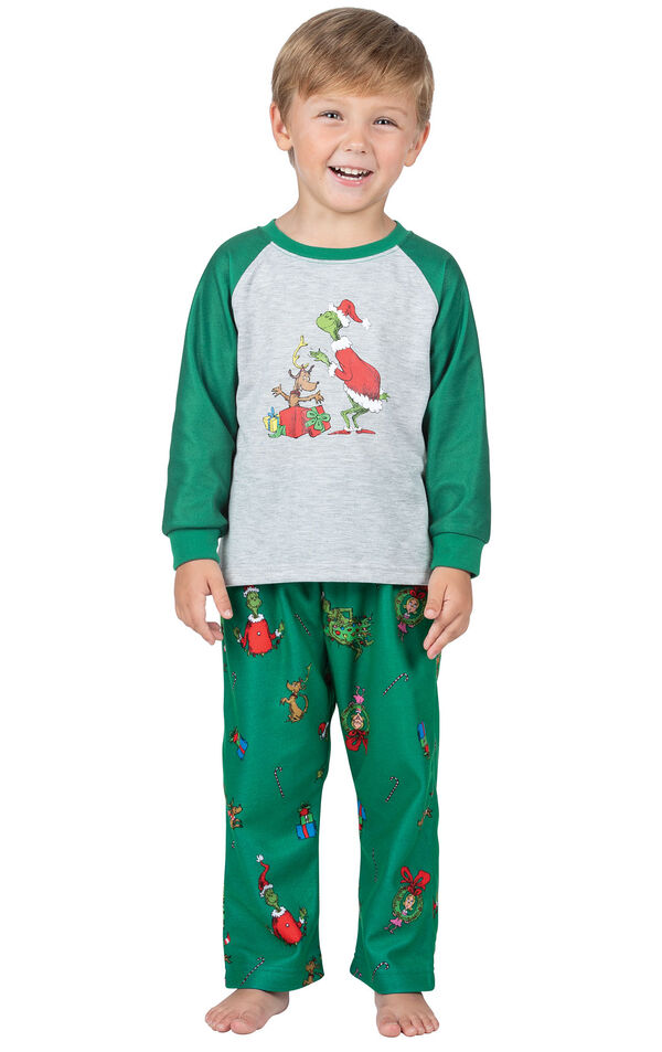 Model wearing Green and Gray Grinch PJ for Toddlers image number 0