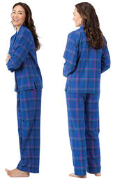 Model wearing Indigo Plaid Flannel Button-Front PJ for Women, facing away from the camera and then to the side image number 2