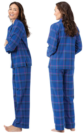 Model wearing Indigo Plaid Flannel Button-Front PJ for Women, facing away from the camera and then to the side