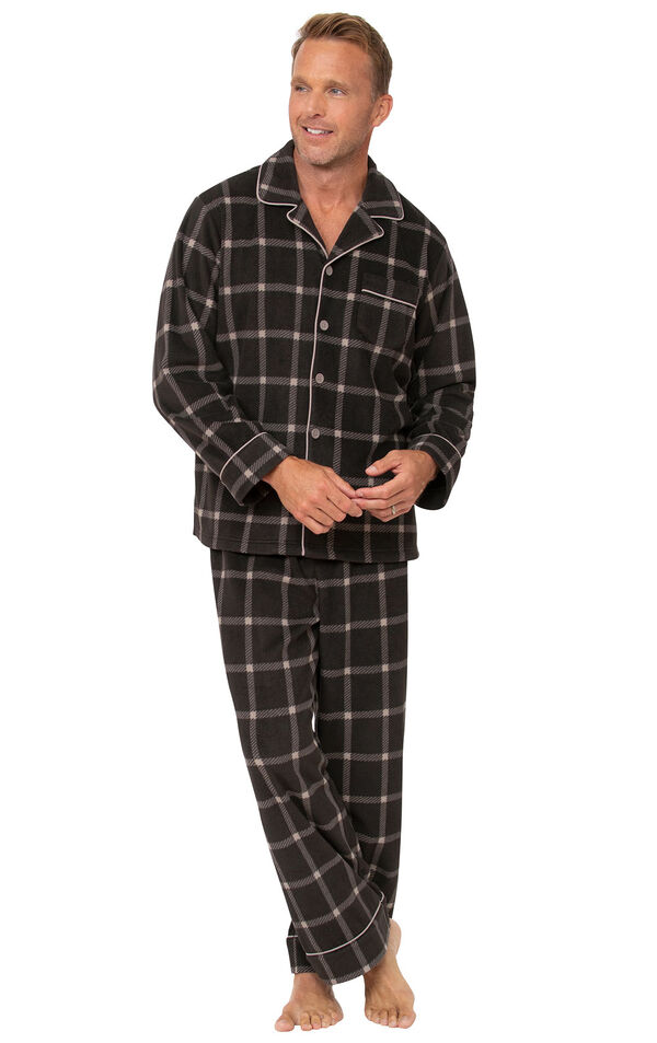 Men's Button Front Fleece Pajamas - Charcoal Check image number 0