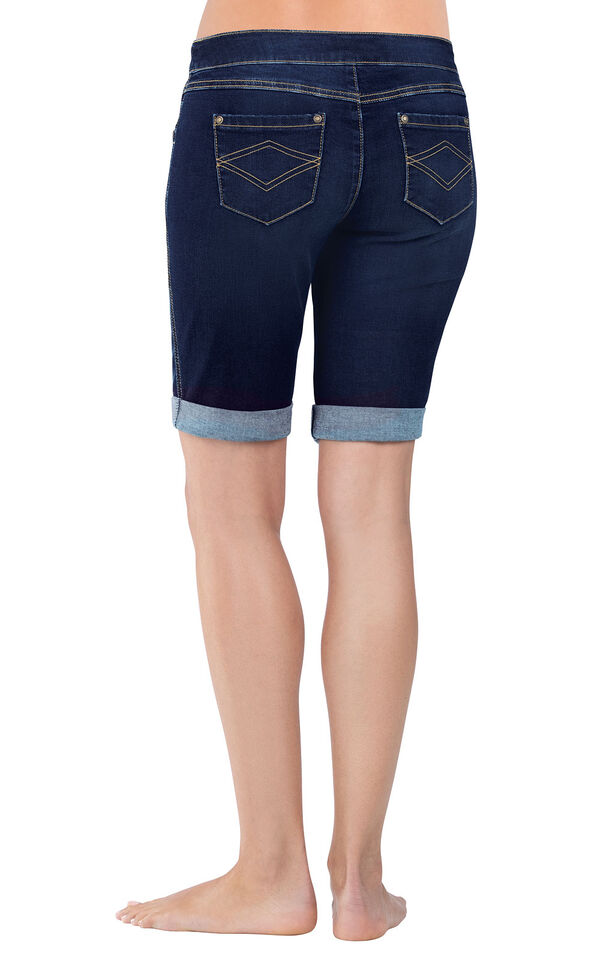 Model wearing PajamaJeans Bermuda Shorts - Indigo, facing away from the camera