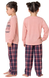 Model wearing Plum Plaid PJ with Graphic Tee for Youth, facing away from the camera and then facing towards the side image number 1