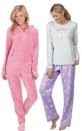 Models wearing Purrfect Flannel Pajamas - Purple and Hoodie-Footie - Pink. image number 0