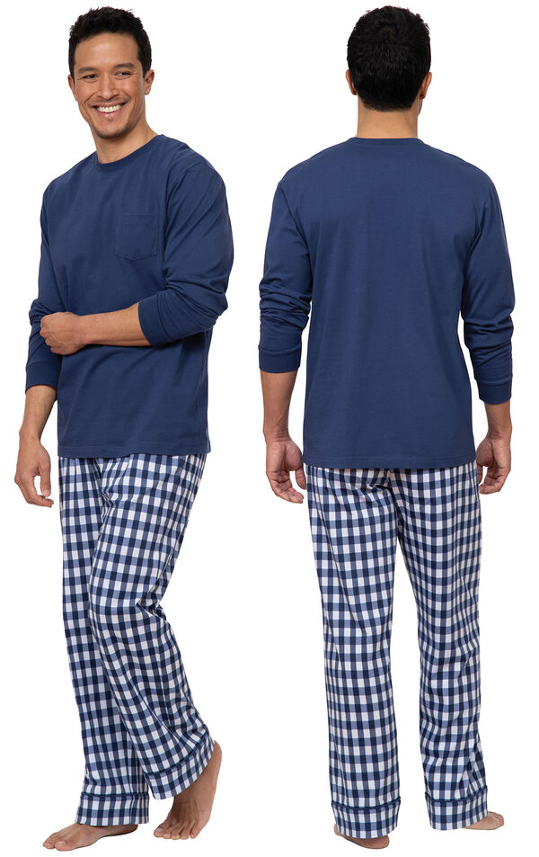 Model wearing Blue Gingham PJ for Men, facing away from the camera and then facing towards the side image number 1