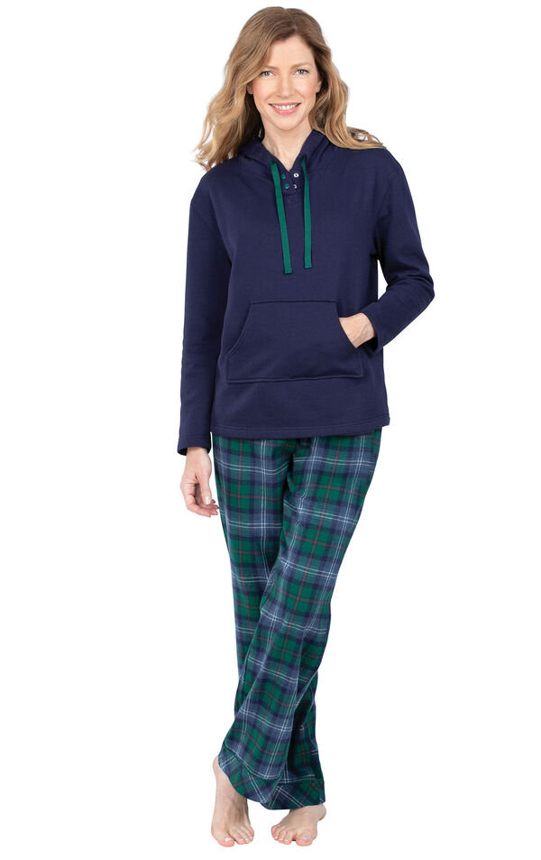 Green and Blue Plaid Heritage Plaid Hooded Women's Pajamas image number 0