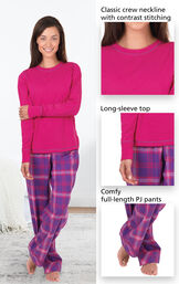 Close-ups of features of Raspberry Plaid Jersey-Top Flannel Pajamas which include a classic crew neckline with contrast stitching, long-sleeve top and comfy, full-length PJ pants image number 2