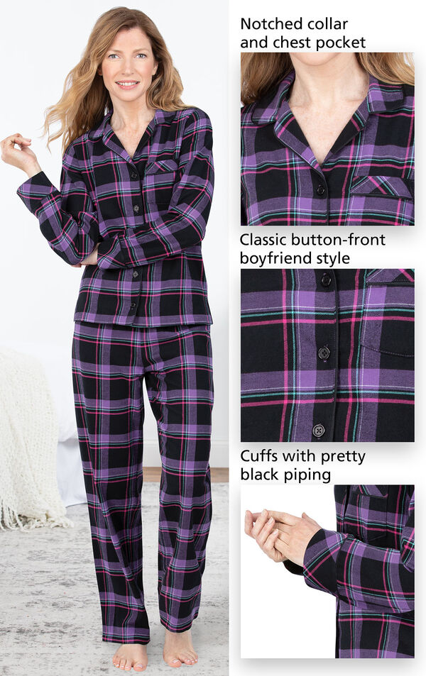 Close-ups of Modern Plaid Boyfriend Flannel Pajamas notched collar and chest pocket, classic button-front boyfriend style and cuffs with pretty black piping image number 3