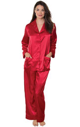 Model wearing Red Satin Button-Front Pajamas for Women image number 0