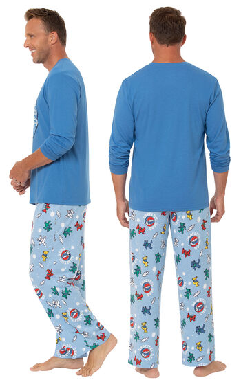 Model wearing Light Blue Greateful Dead Men's Pajamas, facing away from the camera and then facing to the side