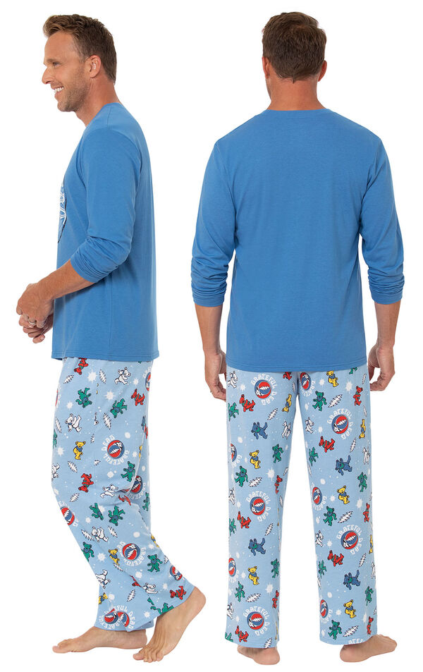 Model wearing Light Blue Greateful Dead Men's Pajamas, facing away from the camera and then facing to the side image number 1
