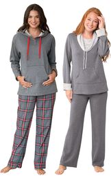 Models wearing Gray Plaid Hooded Pajamas and World's Softest Pajamas - Charcoal. image number 0