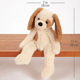 15" Buddy Puppy - Front view of slim tan Puppy with brown ears and spot sitting on shelf with a width measurement of 7 in or 18 cm and and length measurement of 15 in or 38 cm long.  image number 4