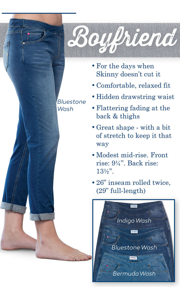 Boyfriend PajamaJeans feature a comfy, relaxed fit, hidden drawstring waist and flattering fading at the back and thighs. Modest mid-rise; Front rise: 9.25'', Back rise: 13.5''. Inseam: 26'' rolled twice (29'' full length) image number 2