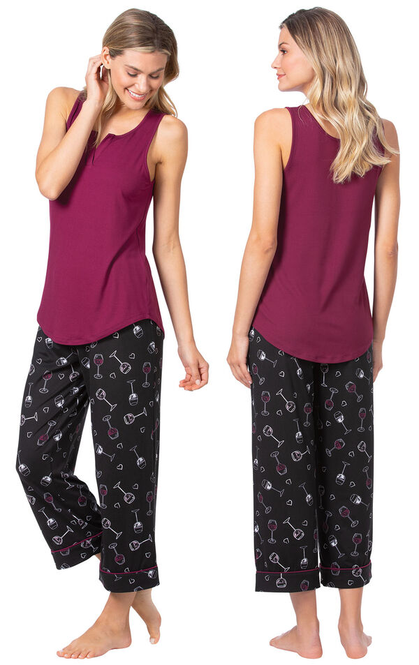Model wearing Purple and Black Wine Tank PJ for Women, facing away from the camera and then to the side image number 1