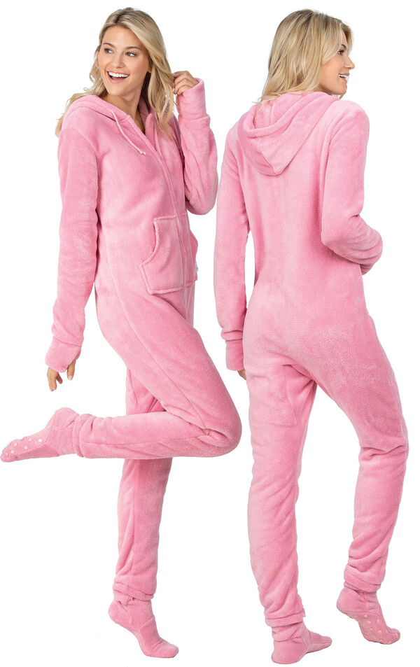 Model wearing Hoodie-Footie - Pink Fleece for Women, facing away from the camera and then to the side image number 2