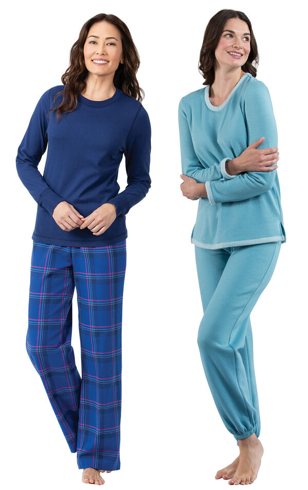 Models wearing Indigo Plaid Jersey-Top Flannel Pajamas and World's Softest Jogger Pajamas - Teal. image number 0