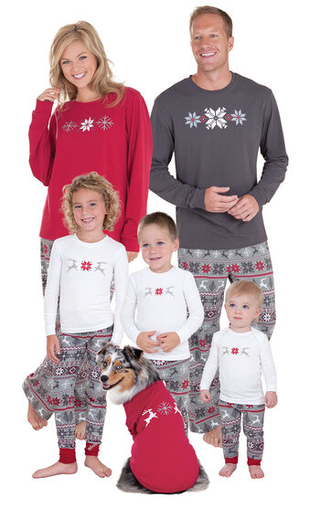 Models wearing Red and Gray Fair Isle Matching Family Pajamas