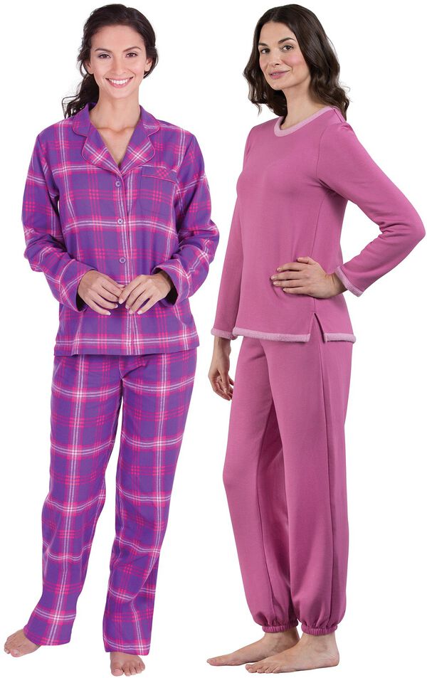 Models wearing World's Softest Jogger Pajamas - Raspberry and Raspberry Plaid Boyfriend Flannel Pajamas. image number 0