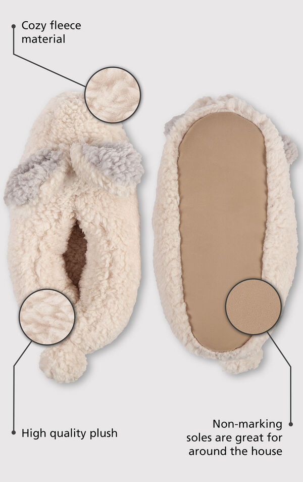 Sherpa Fleece Bunny Slippers feature cozy fleece material, high quality plus and non-marking soles that are great for around the house - all shown in close-up images image number 2