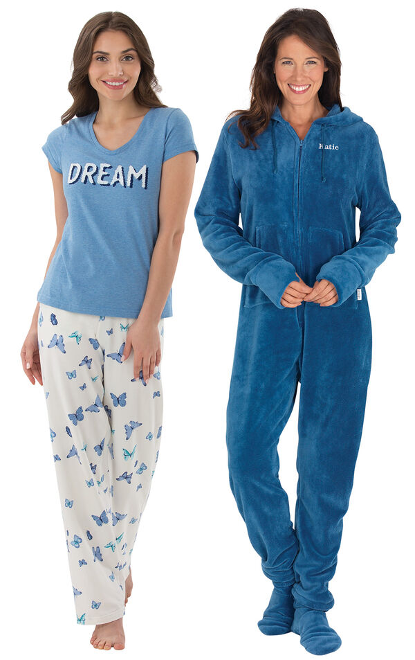 Models wearing Dream Pajamas and Hoodie-Footie - Blue. image number 0