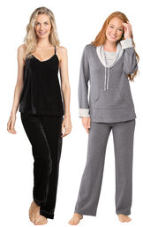 Models wearing Velour Cami Pajamas - Black and World's Softest Pajamas - Charcoal. image number 0