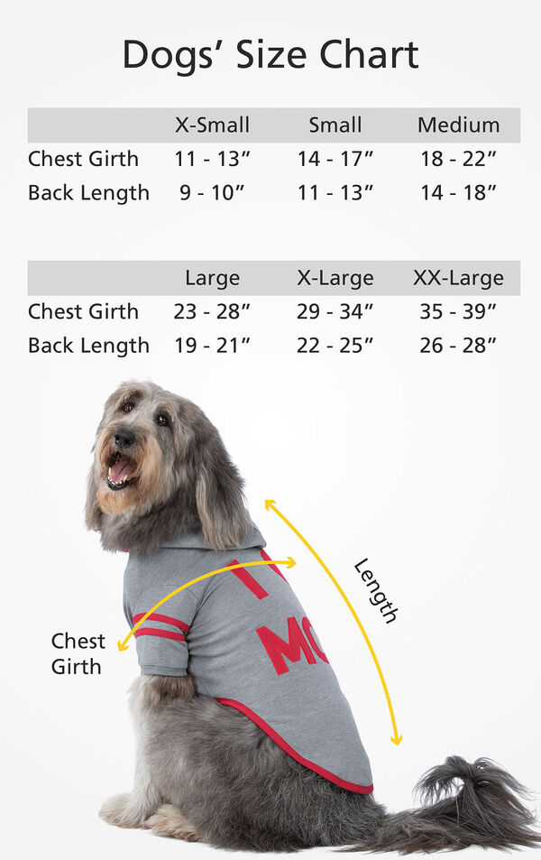 Dogs' Size Chart XS (Chest Girth 11-13'', Back length 9-10''), SML (Chest 14-17'', Back 11-13''), MED (Chest 18-22'' Back 14-18''), LG (Chest 23-28'', Back 19-21''), XL (Chest 29-34'', Back 22-25''), XXL (Chest 35-39'', Back 26-28'') image number 3