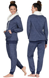 Model wearing Solstice Shearling Pajamas, facing away from the camera and then facing to the side image number 2