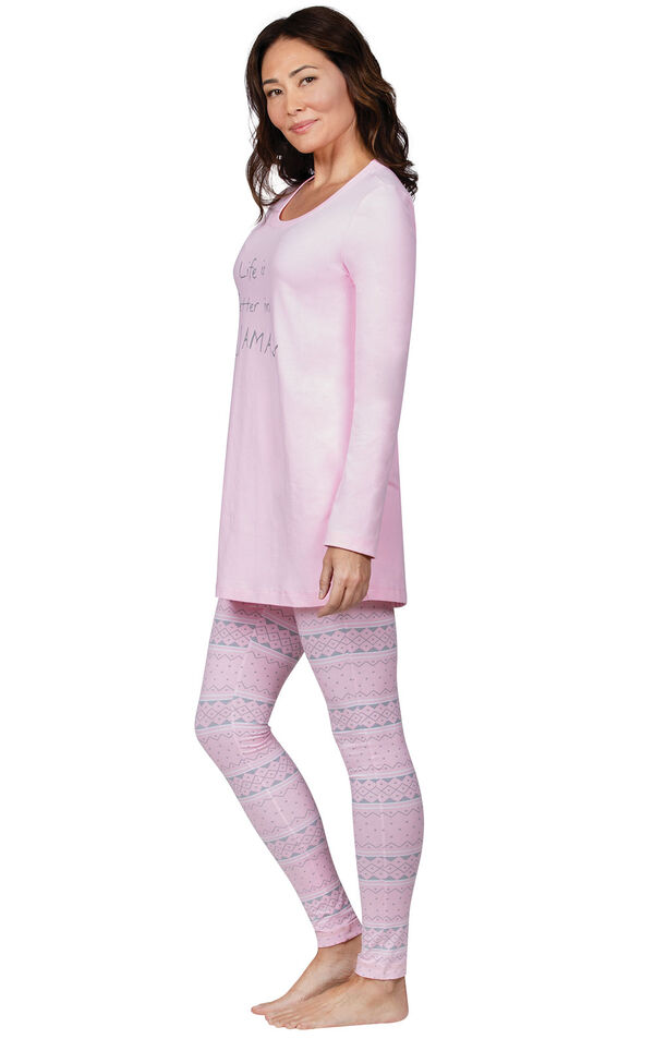 Model wearing Long Sleeve and Legging Pajamas - Pink Fair Isle, facing to the side image number 2