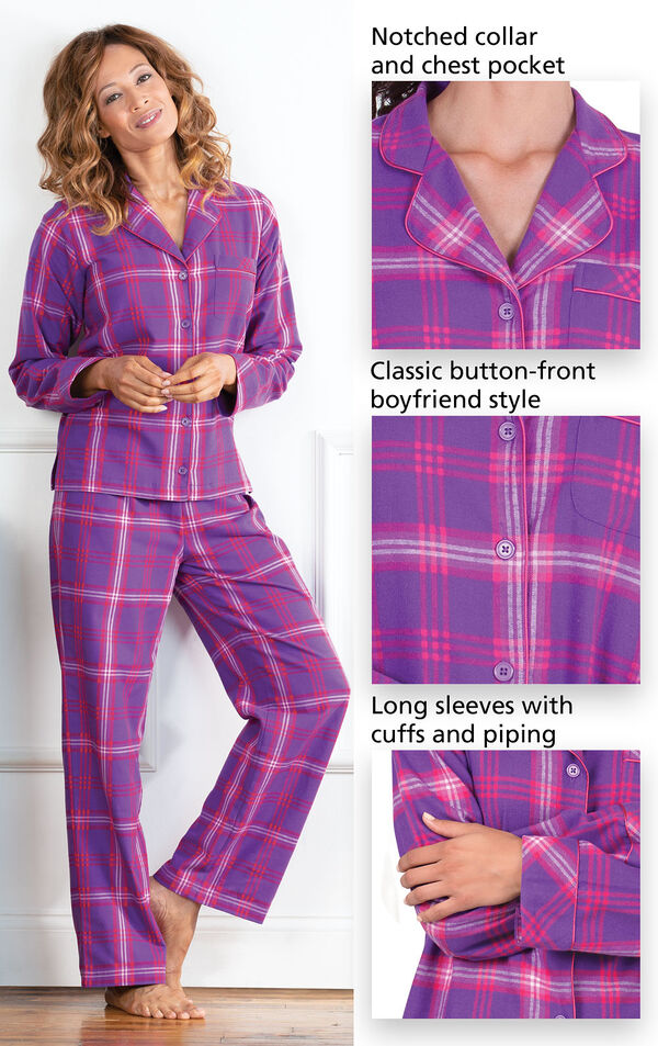 Close-ups of the features of Raspberry Plaid Boyfriend Flannel Pajamas which include a notched collar and chest pocket, classic button-front boyfriend style and long sleeves with cuffs and piping image number 2