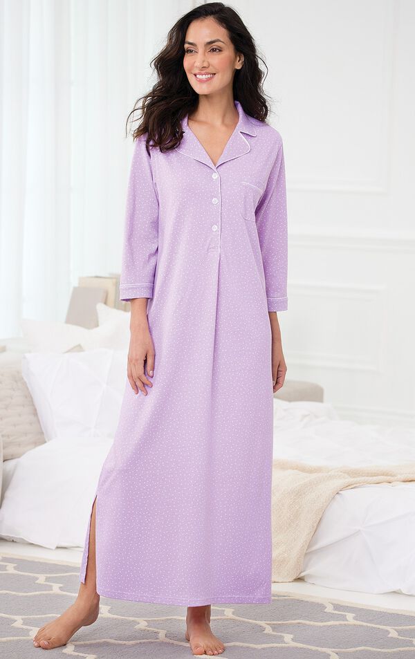 Model standing by bed wearing Purple with White Polka Dots Oh-So-Soft Nighty - Lavender image number 3
