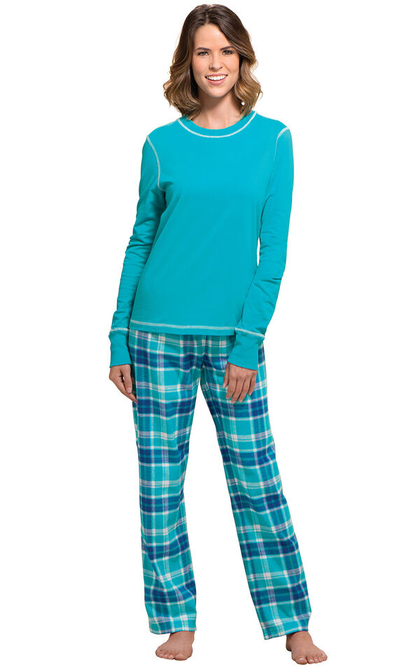 Model wearing Green and Blue Bright Plaid PJ for Women image number 0